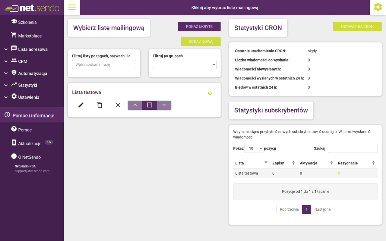 The dashboard: pick a list, see the queue and subscriber statistics.